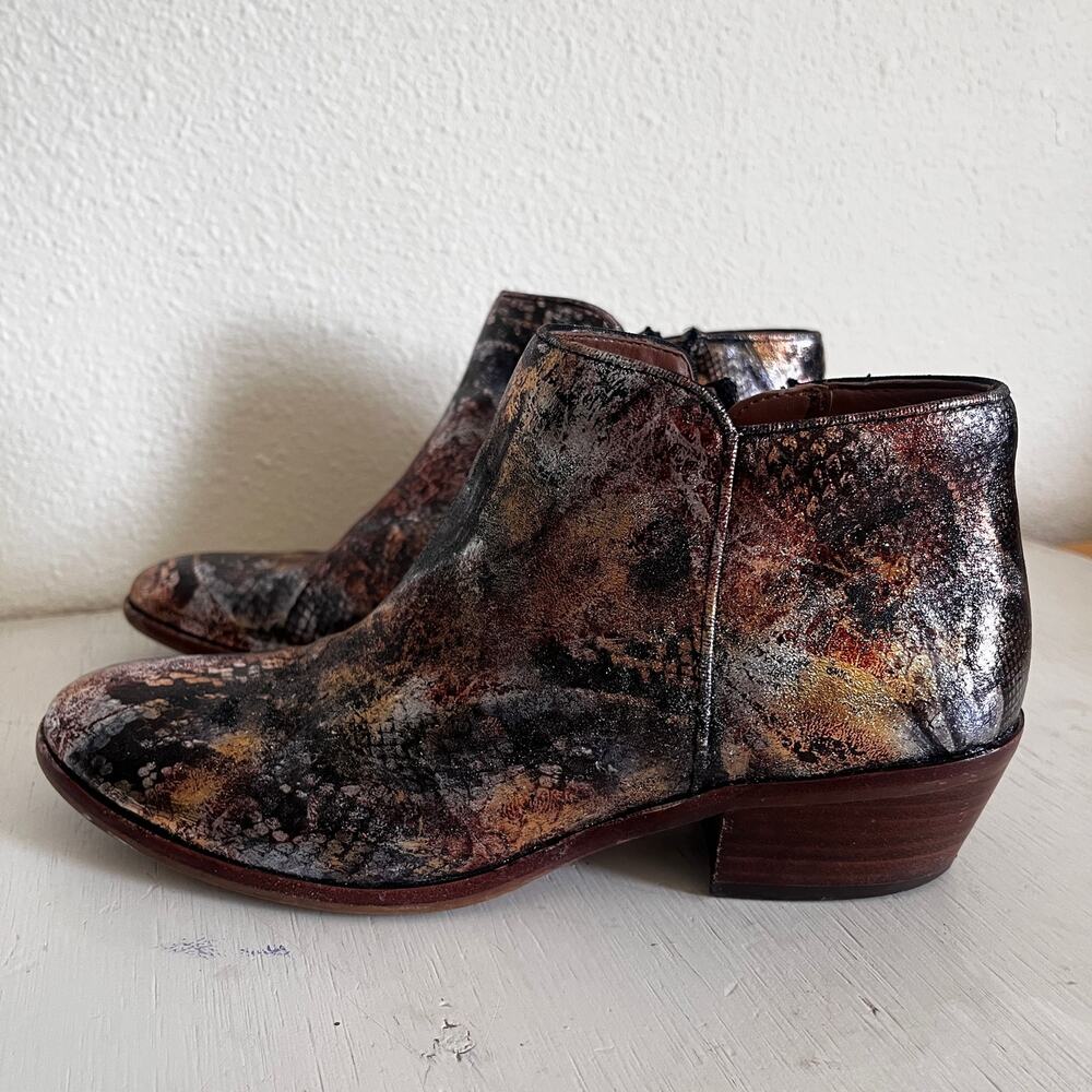 Unique Custom Snake Print Metallic Sheen Foiled suede ankle bootie size 7.5